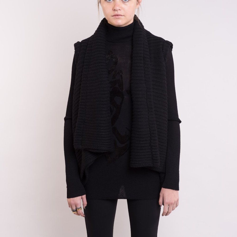 ANN DEMEULEMEESTER • Asymmetric Black Wool Ribbed Fisherman Sweater Vest FR 40 M - Picture 2 of 15